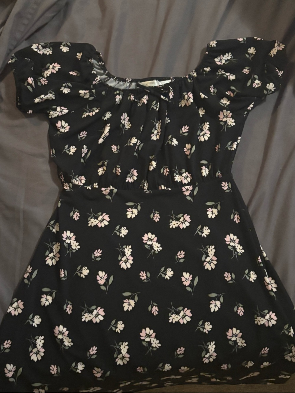 Black Floral Puff Sleeve Dress with Pink Blossoms